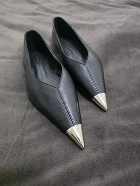 Anine Bing Black Leather Flats with Gold Toe Caps- NEVER WORN
